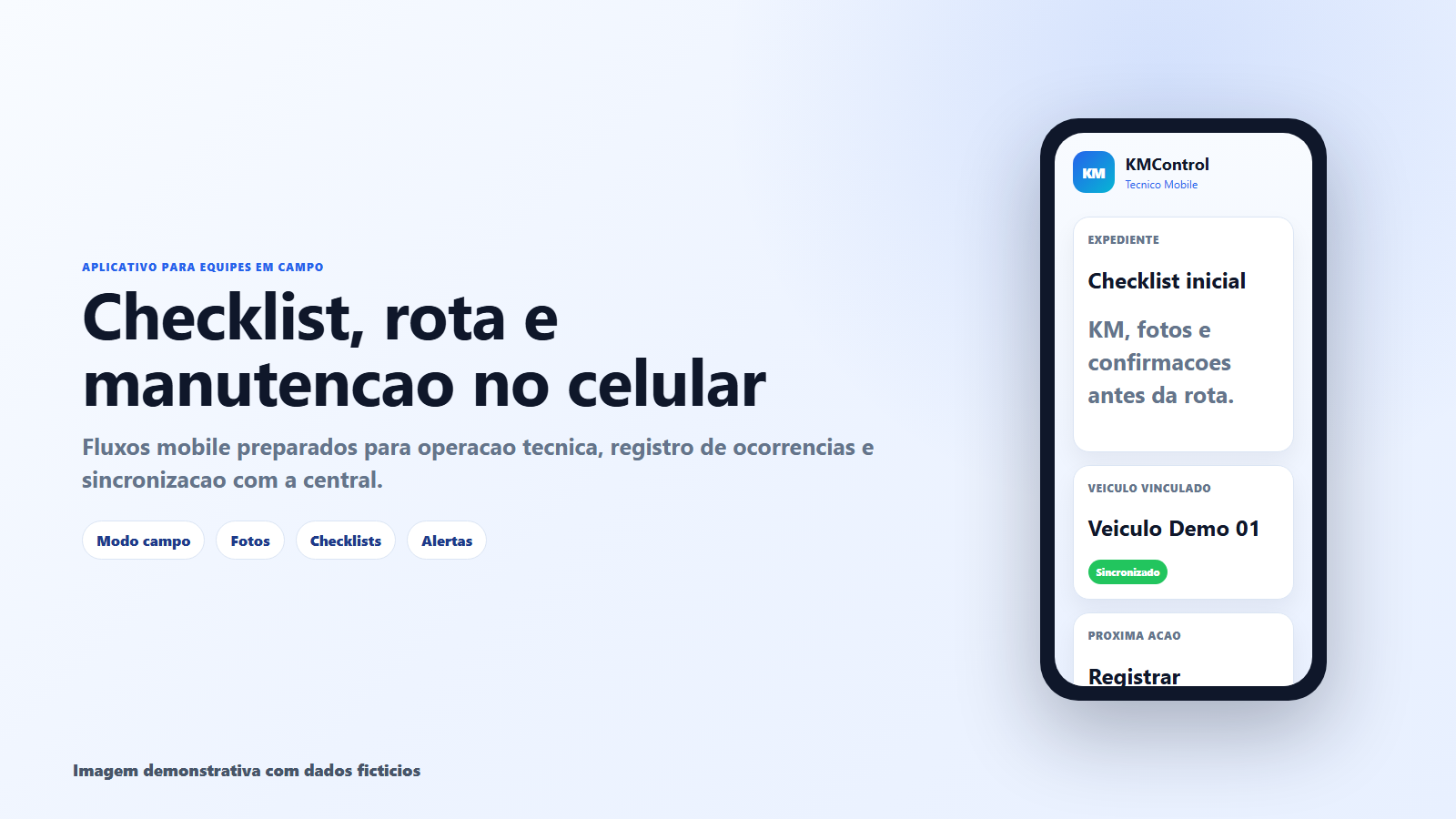 Mockup demonstrativo do aplicativo mobile KMControl com dados ficticios